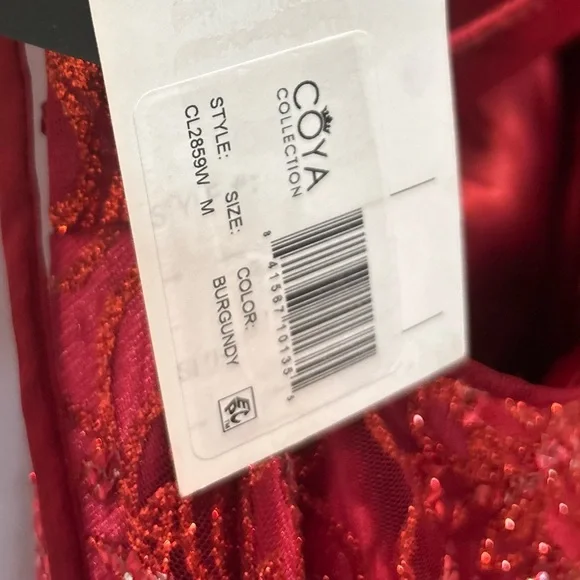 Coya Collection Embroidered Illusion Waist Sparkle A line Dress Burgundy Red - Picture 3 of 4